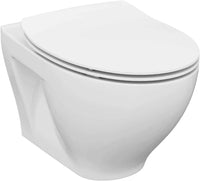 The Vouge VOGUE Wall Hung Toilet With EA Rimless Flush in white features a closed lid and clean lines for a minimalist look, ideal for contemporary bathrooms.