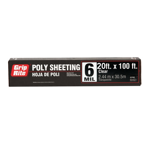 The Grip-Rite 6 MIL Clear Poly Sheeting, perfect for construction, measures 20 ft. x 100 ft. (2.44 m x 30.5 m) in a black box.