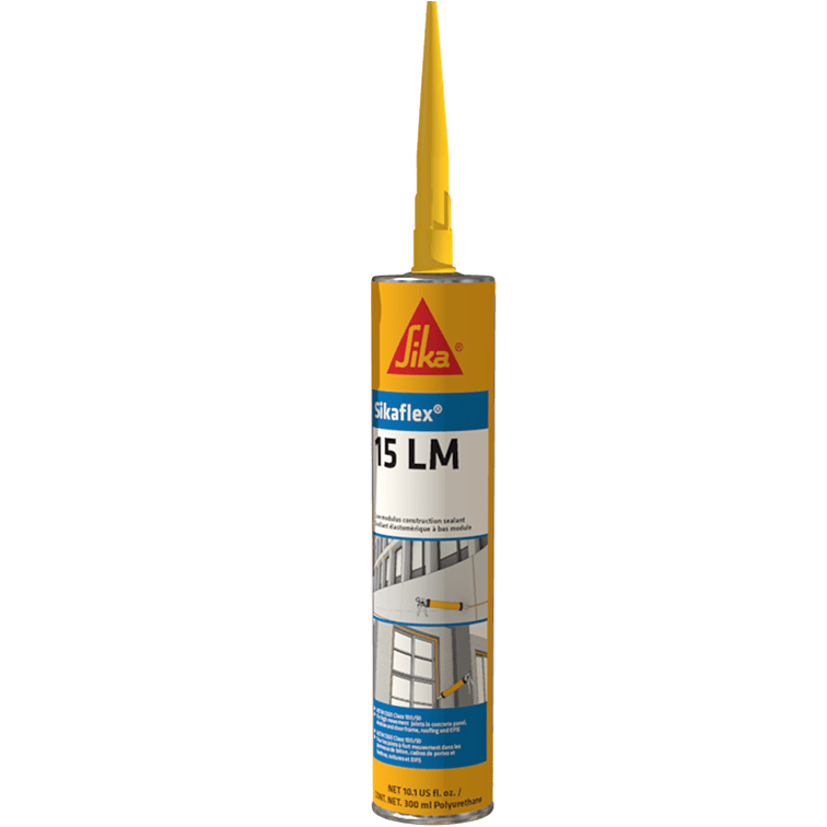 The image displays a tube of SIKA Sikaflex 15LM Elastomeric Sealant (10.1 oz) ideal for construction, featuring orange and yellow packaging with the Sika logo and illustrations for versatile use on windows and panels, highlighting the nozzle at the top.