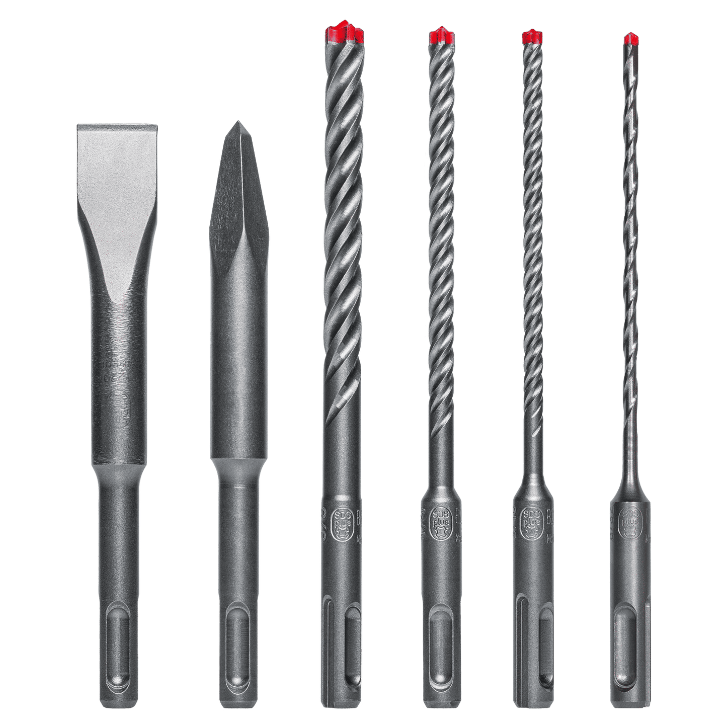 Explore the exceptional durability of the Diablo DIABLO DMAPL9930-S6 6-Piece SDS-Plus Rebar Demon™ set, featuring various shapes like flat, pointed, and twisted designs. With red-tipped twisted bits and uniform handles, theyre built to withstand any challenge.