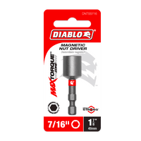 The DIABLO DNTSS716 7/16 in. x 1-7/8 in. magnetic nut driver, featuring Impact Strong™ durability and MaxTorque Zone technology, comes in red and white packaging with product code DNTS5716 prominently displayed.