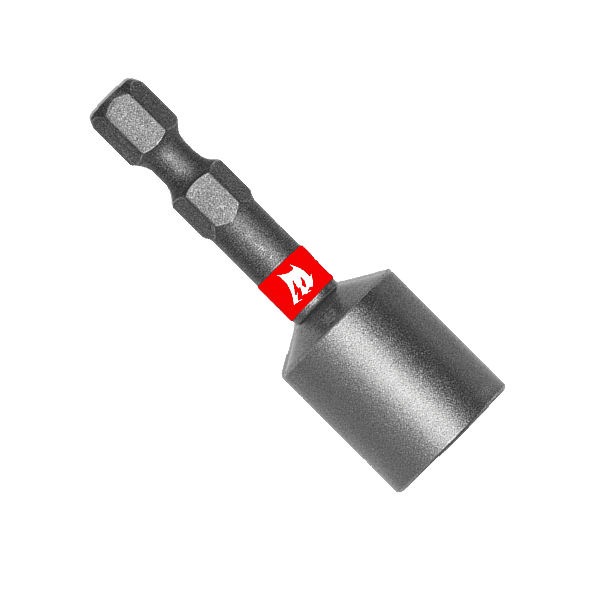 The Diablo DIABLO DNTSS716 7/16 in. x 1-7/8 in. Magnetic Nut Driver, with a hexagonal shank and socket end, has a shiny finish and red band featuring a white nautical symbol. Its vibrant green background highlights its durability and style, making it ideal for precision tasks.