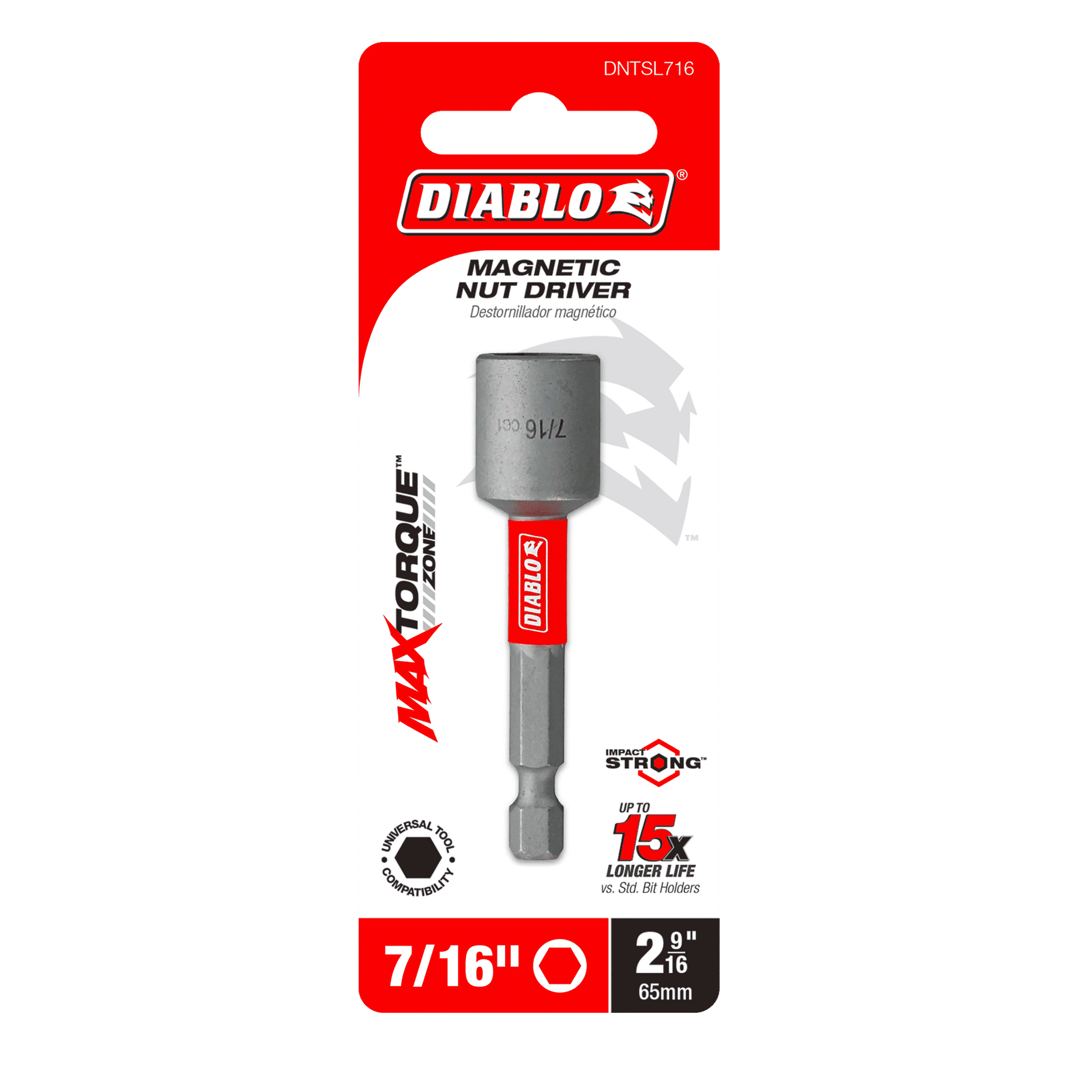 The Diablo DNTSL716 7/16 in. x 2-9/16 in. Magnetic Nut Driver packaging highlights its Max Torque Zone, offers a striking red-and-white design, promises a 15x longer life, and features Impact Strong™ technology for enhanced durability.