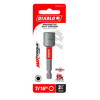 The Diablo DNTSL716 7/16 in. x 2-9/16 in. Magnetic Nut Driver packaging highlights its Max Torque Zone, offers a striking red-and-white design, promises a 15x longer life, and features Impact Strong™ technology for enhanced durability.