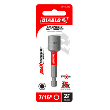 The Diablo DNTSL716 7/16 in. x 2-9/16 in. Magnetic Nut Driver packaging highlights its Max Torque Zone, offers a striking red-and-white design, promises a 15x longer life, and features Impact Strong™ technology for enhanced durability.