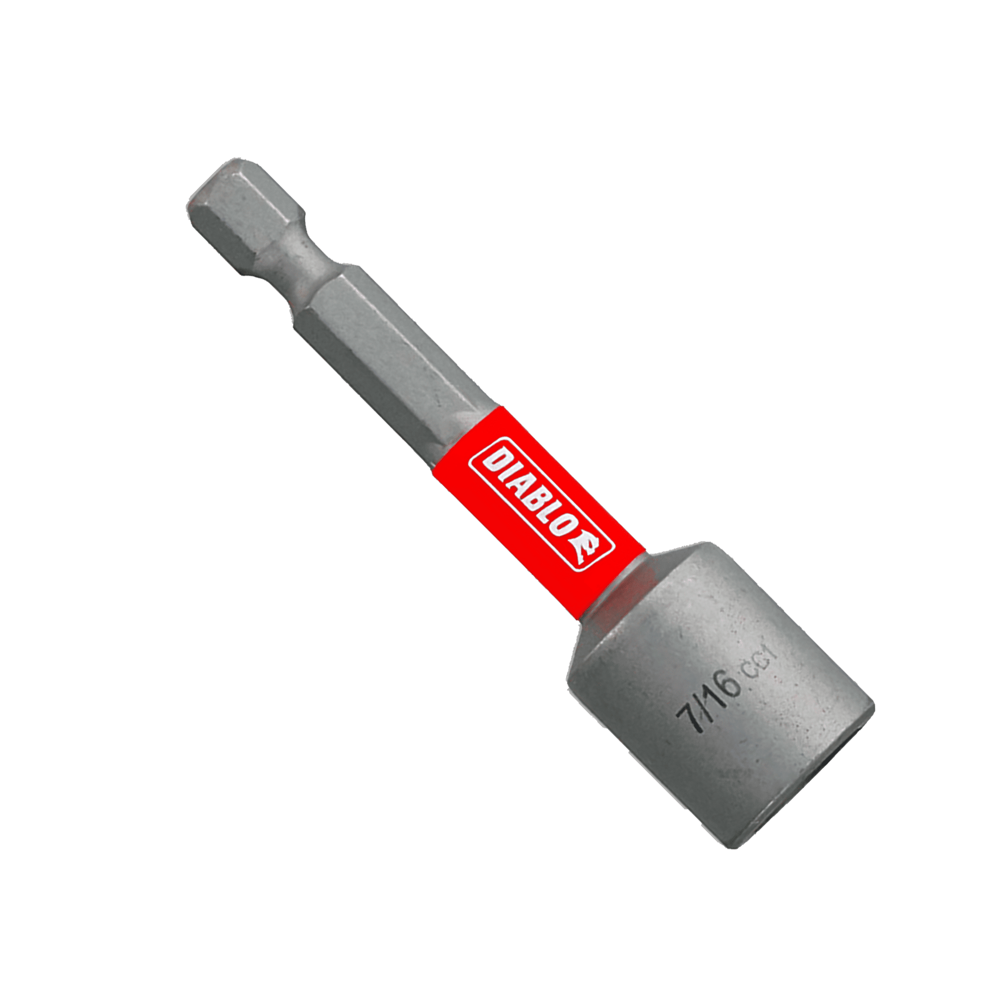 The DIABLO DNTSL716 7/16 in. x 2-9/16 in. Magnetic Nut Driver with a hex shank and Impact Strong™ technology is shown with its red Diablo label on the shaft, isolated on a green background.