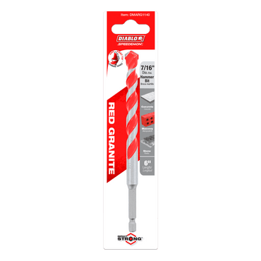 The DIABLO DMARG1140 SPEEDemon™ Red Granite Carbide-Tipped Hammer Drill Bit features a 7/16 diameter and 6 length. Ideal for drilling masonry, concrete, brick, and cinder block with its impact strong design.