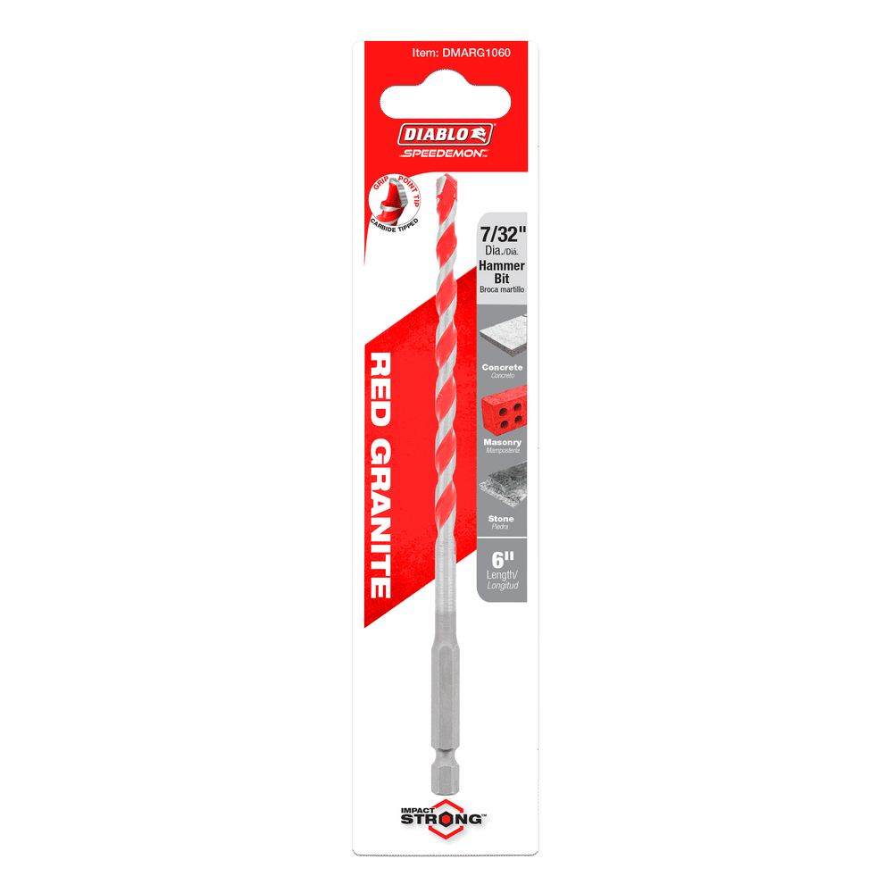 Image of the Diablo SPEEDemon™ hammer drill bit, model DMARG1060, with a red and white spiral pattern in its packaging. This 7/32 x 6 carbide-tipped bit is designed for efficient concrete masonry drilling.