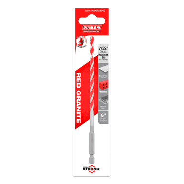 Image of the Diablo SPEEDemon™ hammer drill bit, model DMARG1060, with a red and white spiral pattern in its packaging. This 7/32 x 6 carbide-tipped bit is designed for efficient concrete masonry drilling.