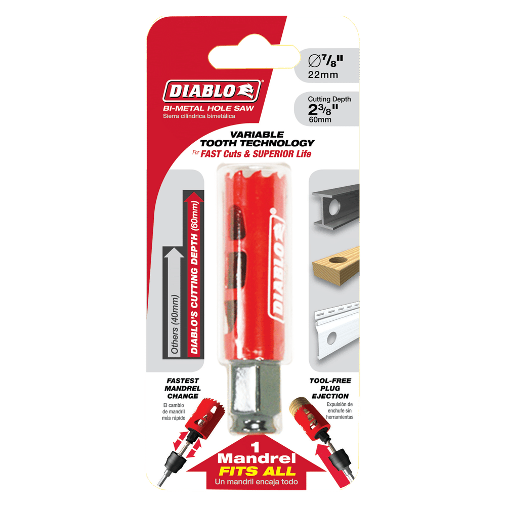 The image displays the Diablo DHS0875 high-performance hole saw packaging, featuring a red and white design. It offers Variable Tooth Design, a 2-3/8 cutting depth, superior life claims, and tool-free plug ejection with the Snap-Lock Plus mandrel system.