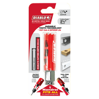 The image displays the Diablo DHS0875 high-performance hole saw packaging, featuring a red and white design. It offers Variable Tooth Design, a 2-3/8 cutting depth, superior life claims, and tool-free plug ejection with the Snap-Lock Plus mandrel system.