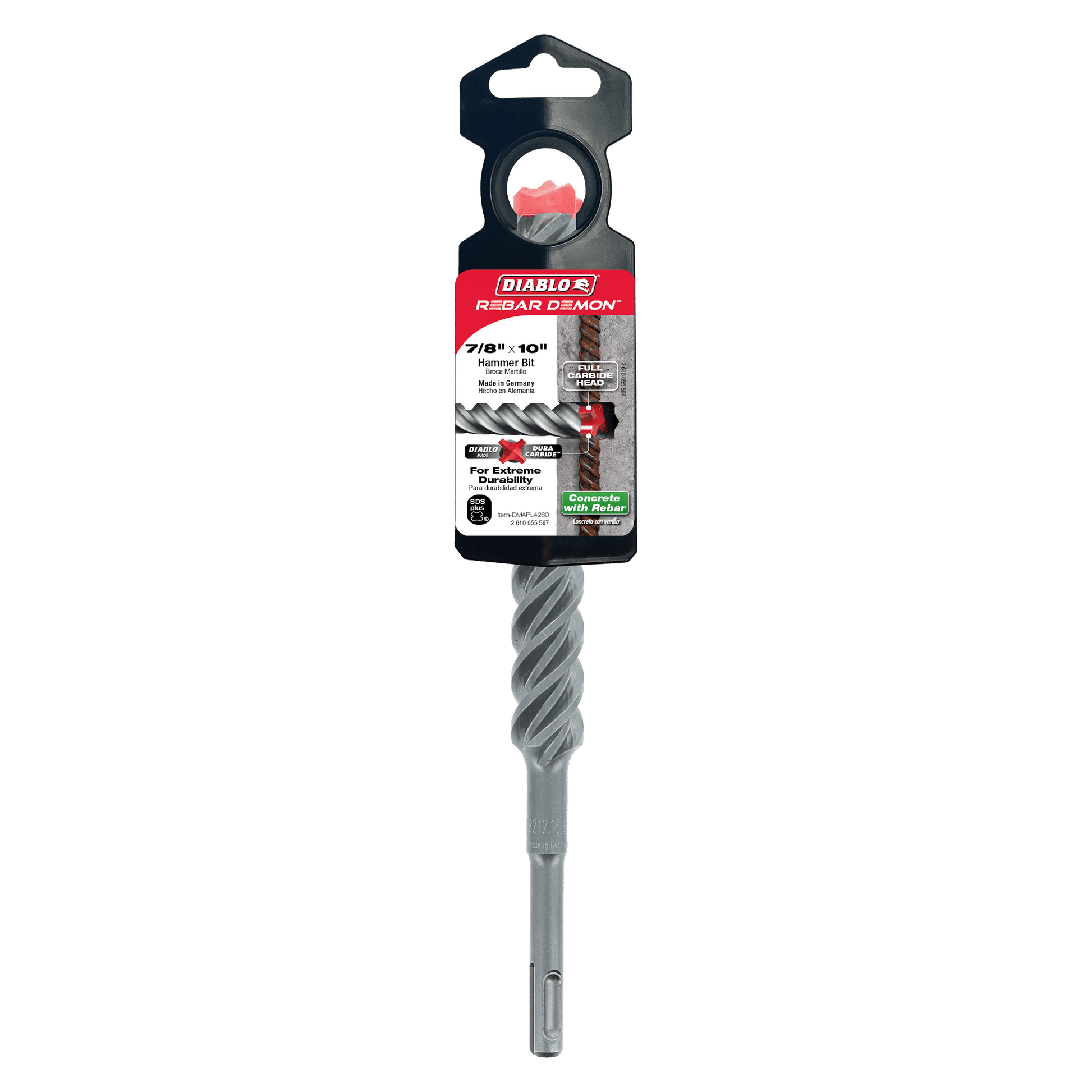 The Diablo Rebar Demon model DMAPL4280 is a 7/8 in. x 8 in. x 10 in. SDS-Plus hammer drill bit, featuring a spiral design and Dura-Carbide technology for durability, packaged with the brand’s black and red label.