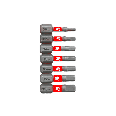 The DIABLO DHXV1-S7 7-Piece 1 in. Hex Drive Bit Set by Diablo offers seven precision, extremely durable bits (5/64 to 3/16 sizes) with red-labeled logos, arranged vertically against a plain background.