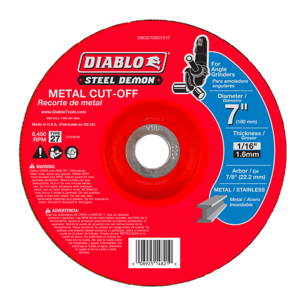 The image features a Diablo DBDS70063701F 7-inch x 1/16-inch x 7/8-inch Speed Demon metal cut-off disc with premium ceramic blend. Icons highlight its industrial performance for cutting metal and stainless steel.