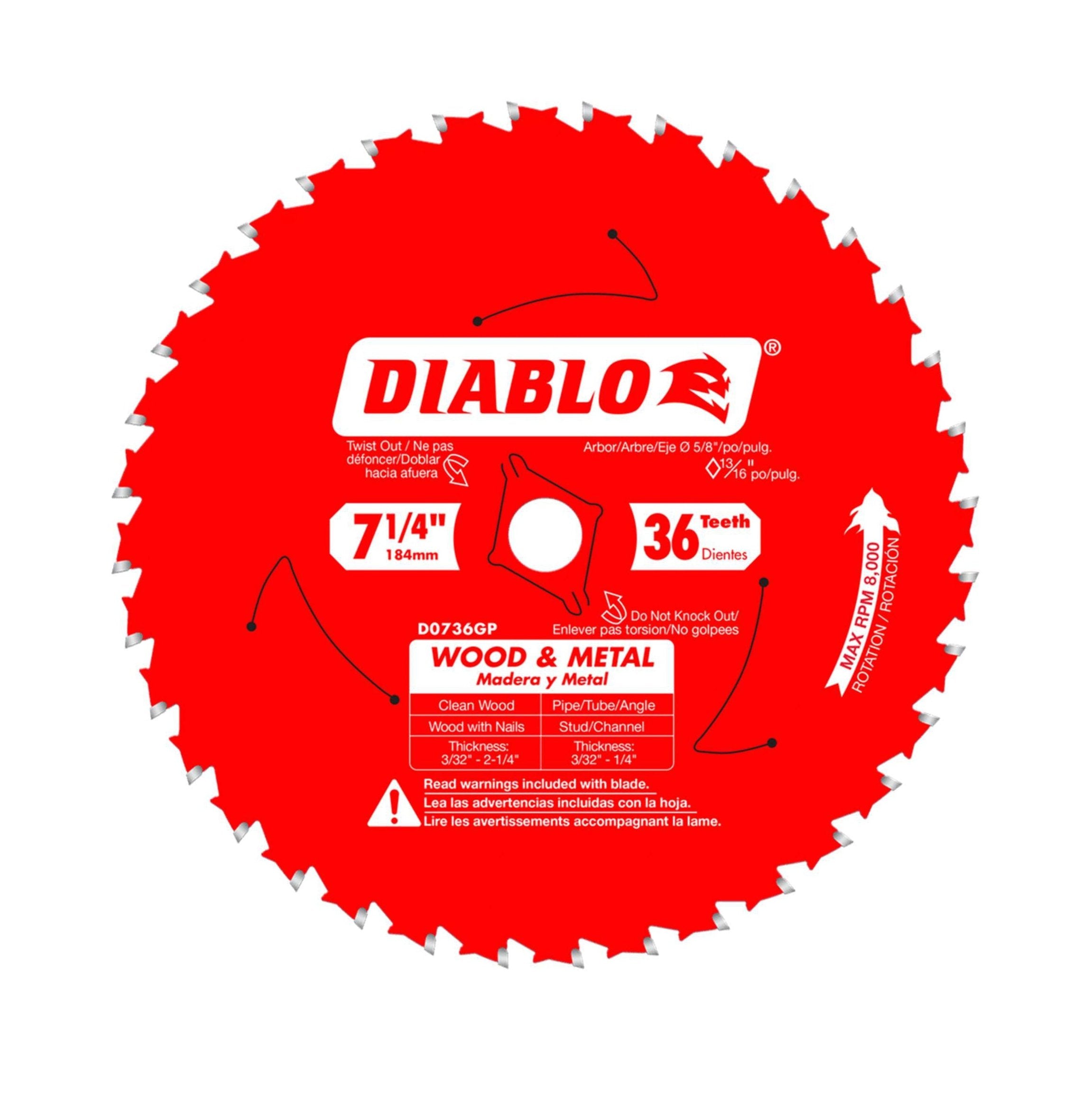 The DIABLO D0736GPA 7-1/4 in. circular saw blade, branded with Diablo in white, features 36 sharp teeth for cutting wood and metal. Enhanced with TiCo Hi-Density carbide, it includes safety instructions and usage icons around the center for a multi-purpose experience.