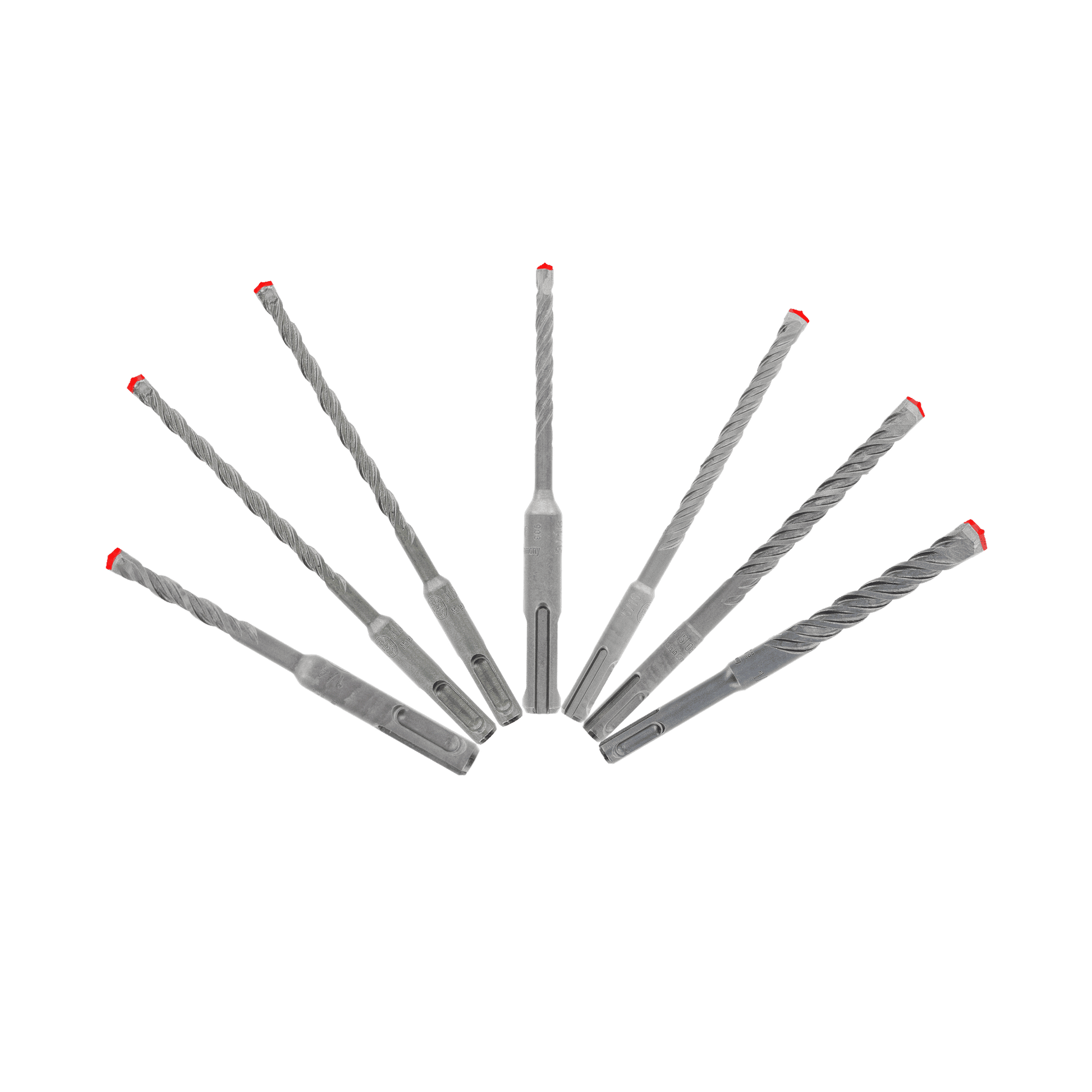 The DIABLO DMAPL9920-S7 7-Piece Rebar Demon™ set by Diablo showcases silver SDS-Plus 4-cutter full carbide head hammer bits in a fan shape on a green background. Each has a red tip and twisted design with Tri-Metal Diffusion Bonding for superior masonry or concrete performance.