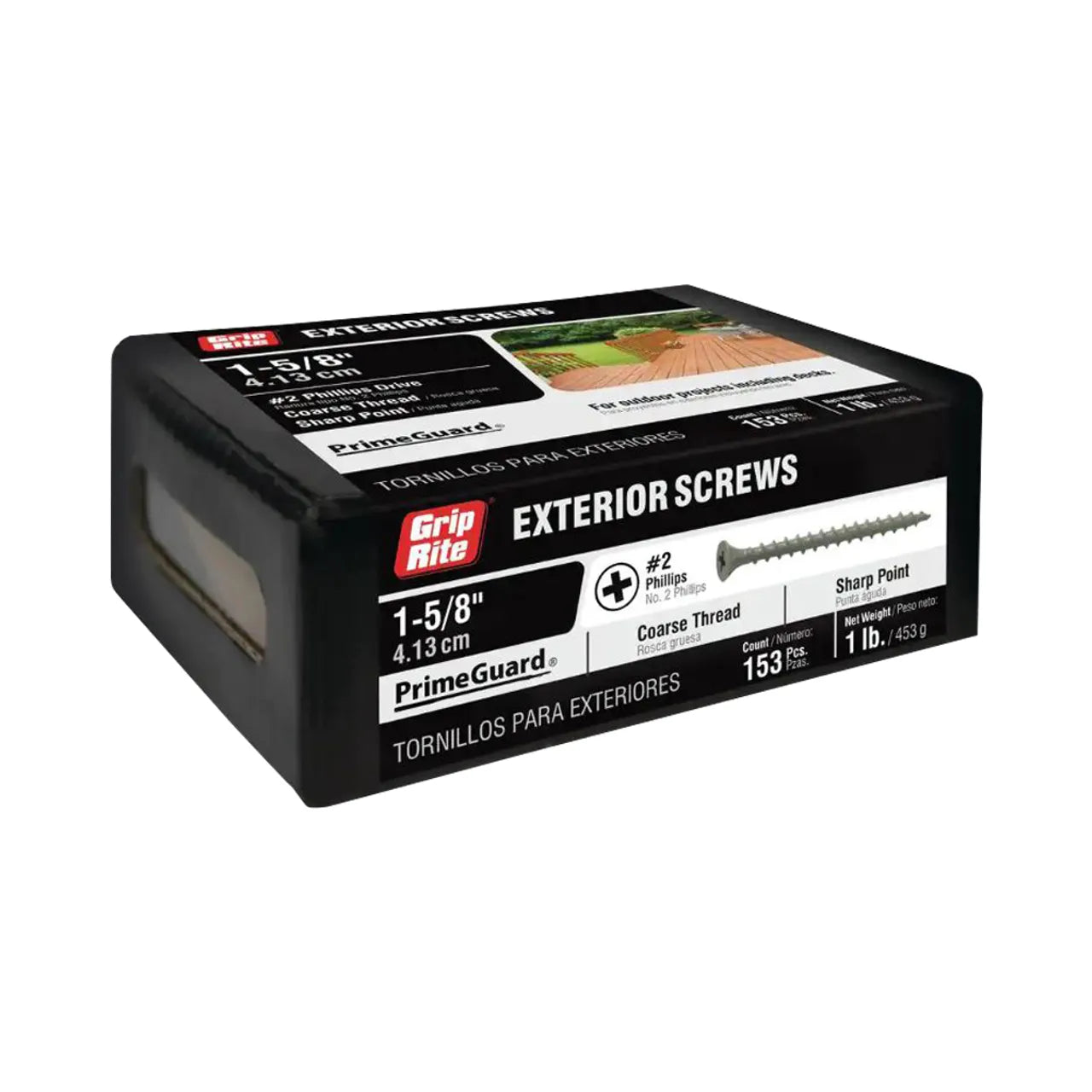 A 1 lb. box of Go Build #8x 1-5/8 in. exterior screws features a Philips bugle head and coarse thread, perfect for outdoor projects. The black packaging showcases images and details of the screws, labeled as polymer-coated with sharp points by Go Build, The Fastest Way To Build.