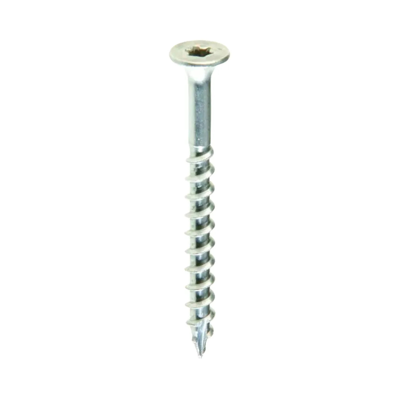 A close-up of a #8 x 1-5/8 in. 305 stainless steel deck screw from Go Build, featuring a flat star-shaped (Phillips) head and spiraled pointed tip, isolated on white.