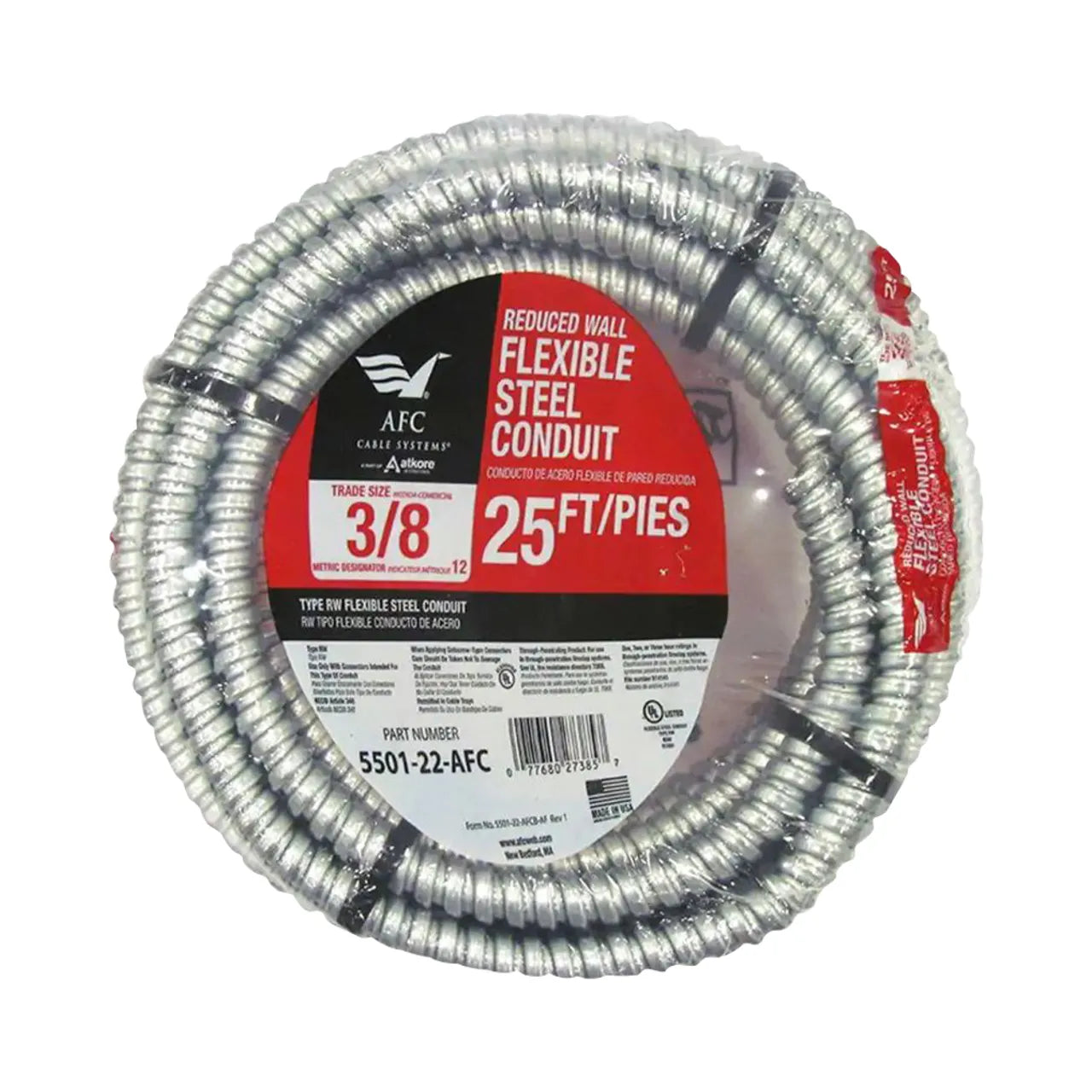 A coiled 25 ft flexible steel conduit from Go Build, labeled with 3/8 inch, reduced wall specs; crafted from galvanized low-carbon steel. Part number 5501-22-AFC is visible along with a barcode and other product information.