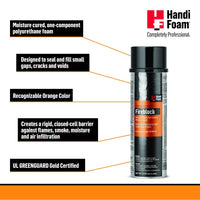 Image of the HANDIFOAM P30033 Spray Foam Sealant FireBlock. This moisture-cured polyurethane foam in orange seals gaps, creating a closed-cell barrier against flames and smoke. Its UL GREENGUARD Gold Certified, with black packaging accented in orange.