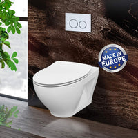 A modern bathroom highlights the Vouge VOGUE Wall Hung Toilet With EA Rimless Flush in white. This fixture stands out against a dark, textured wall with dual flush buttons and a Made in Europe sticker. A nearby plant reflects natural light through glass, enhancing the serene mood.