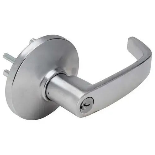 The S PARKER Lever Entry Keyed Lockset by S Parker is a silver door handle with a cylindrical base and lever-style grip, ideal for home security. It features an advanced locking mechanism, visible metal pins for installation, and a keyhole at the base of the lever for added security.