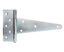 Depicted against a white background, the TUFF STUFF 86288 zinc-plated extra heavy-duty T-hinge (1 pair) showcases multiple screw holes, a sturdy rectangular plate, and a triangular arm for durable pivoting.