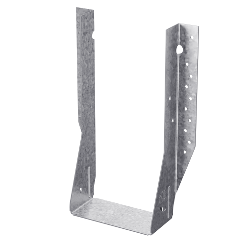 The SIMPSON MIU5129 Face Mount I-Joist Hanger by Simpson Strong-Tie is a U-shaped steel hanger with multiple screw holes, reinforcing ridges, and a flat base for securing 5x10 lumber or I-joists in construction projects.