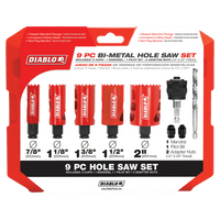 Image of the DIABLO DHS09SGP 9-Piece General Purpose Bi-Metal Hole Saw Set by Diablo, featuring Snap-Lock Plus Mandrel, five red hole cutters in assorted sizes, a mandrel with pilot bit, and two adapter nuts. Packaging promotes quick, precise cutting across various materials for efficient material removal.