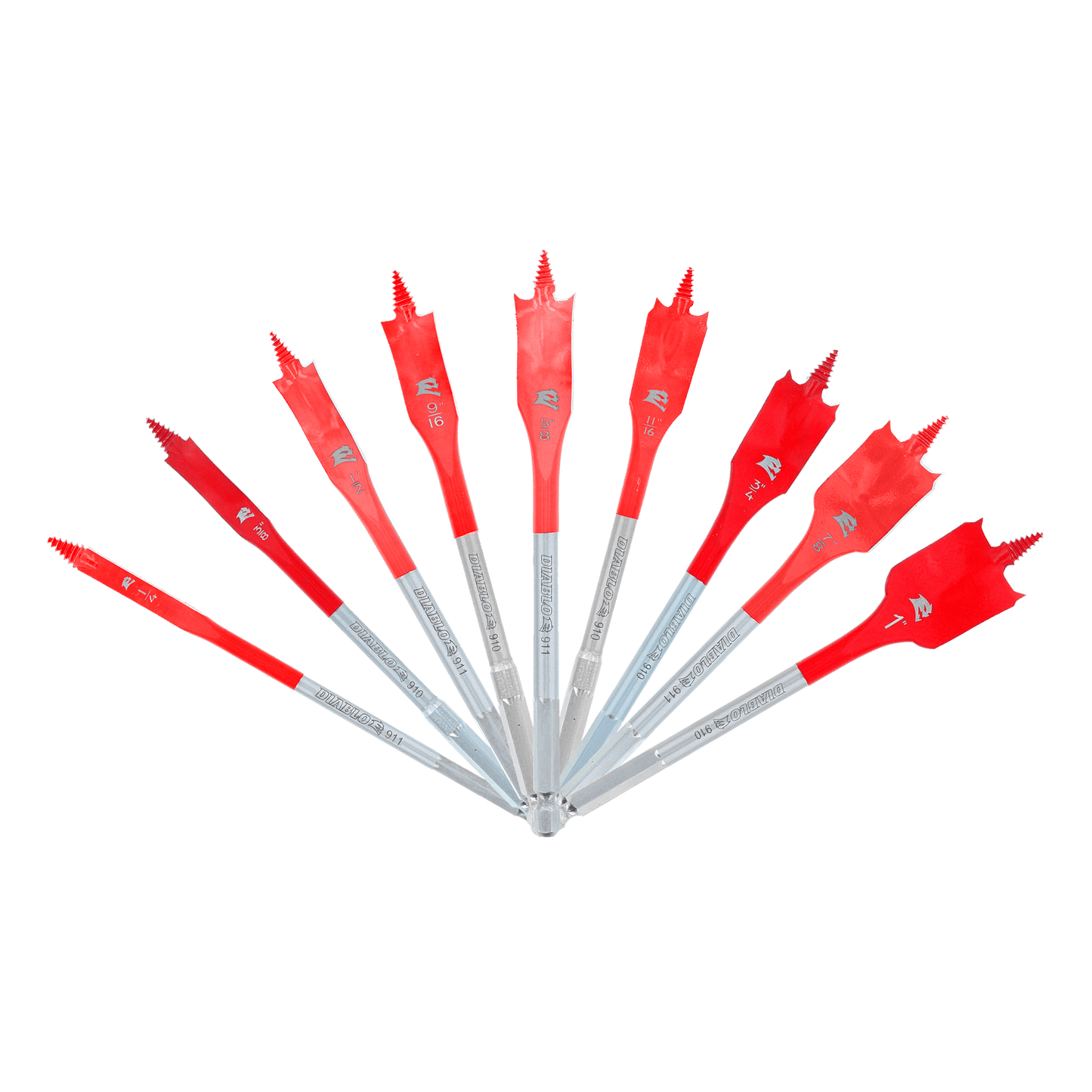 The DIABLO DSP2930-S9 9-Piece Spade Bit Set by Diablo features a circular display of bits with SPEED-TIP design, showcasing pointed tips and metallic shank ends to ensure optimal durability and precision.