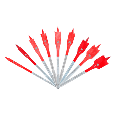 The DIABLO DSP2930-S9 9-Piece Spade Bit Set by Diablo features a circular display of bits with SPEED-TIP design, showcasing pointed tips and metallic shank ends to ensure optimal durability and precision.