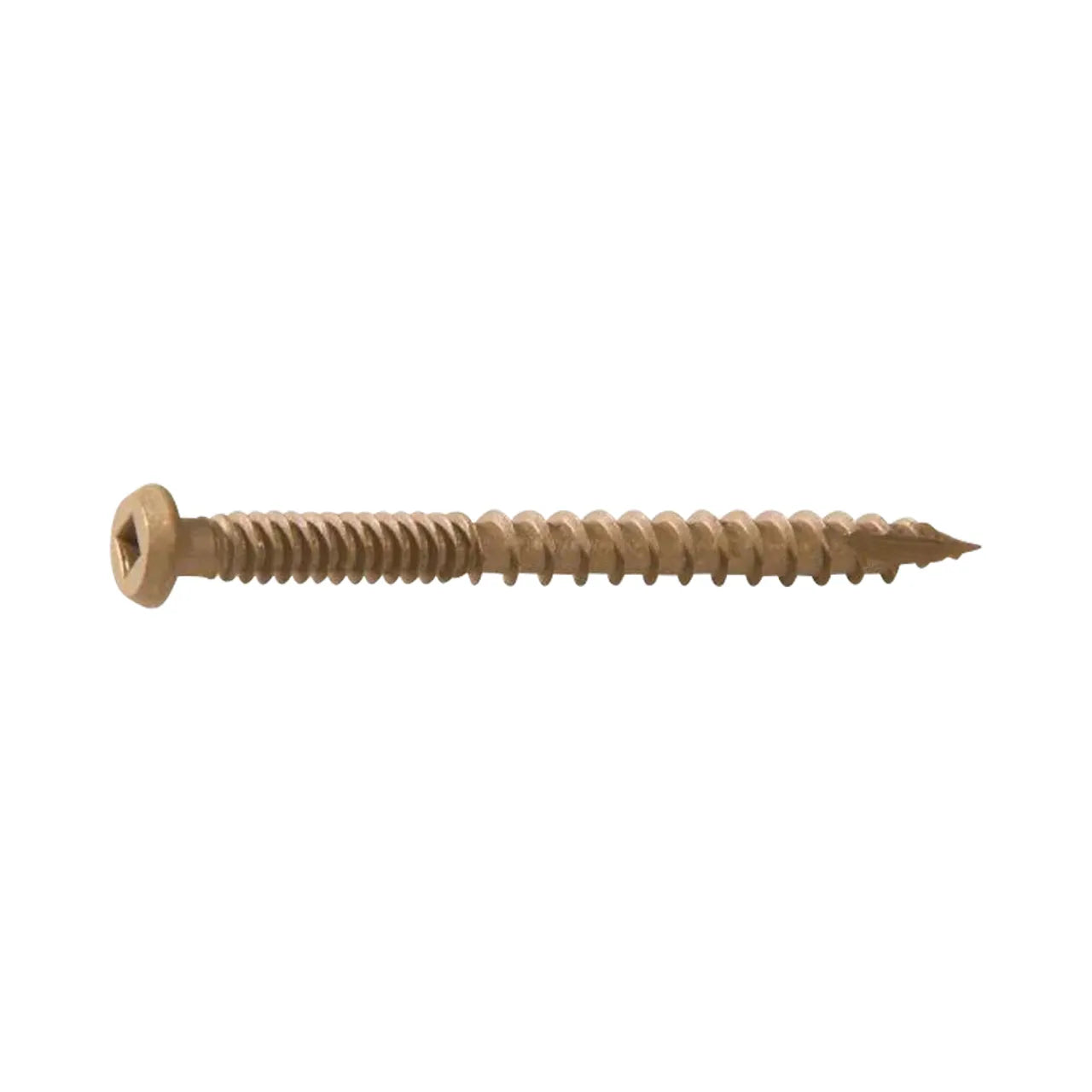 A #9 x 2-1/2 in. Star Drive Composite Deck Screw from Go Build is displayed on a white background, highlighting its brass color, square drive head, and dual-thread design with deep threads for efficient wood securing.