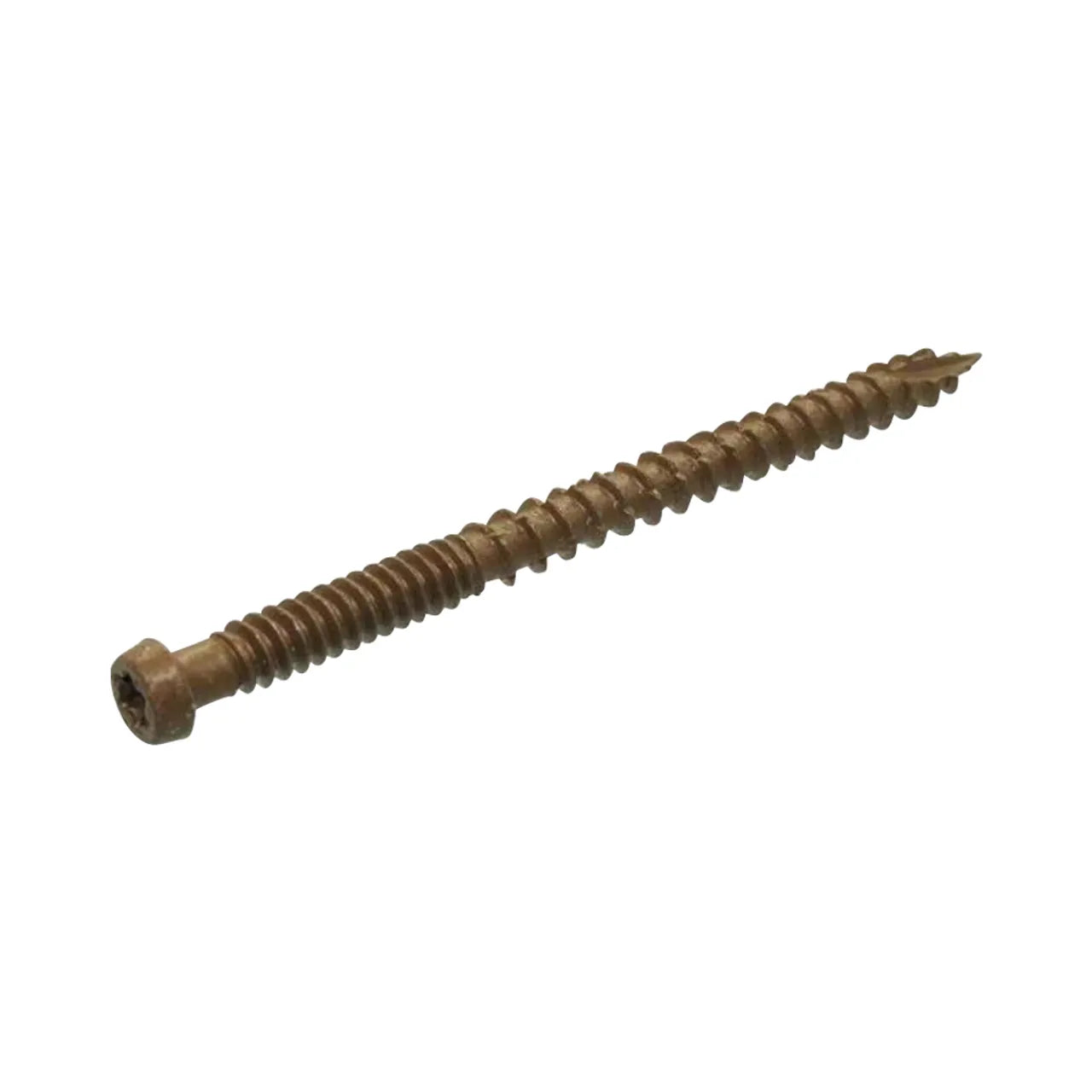 A single #9 x 3 in. star drive bugle head composite deck screw from Go Build, featuring a polymer-plated finish and spiral threading in bronze, is shown on a white background.