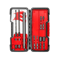 Open case revealing the DIABLO DMAPL9910-S9 9-Piece Concrete Anchor Drive Installation Set with assorted carbide hammer drill bits and extensions. It has a red interior, black exterior, and lid with white area featuring red diagonal stripes.