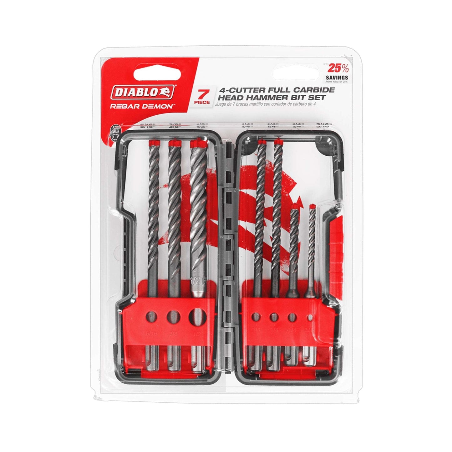 The DIABLO DMAPL9920-S7 set includes 7 Rebar Demon™ SDS-Plus 4-Cutter Full Carbide Head hammer bits in protective cases; the label highlights 25% Savings and Tri-Metal Diffusion Bonding technology for durability, featuring the Diablo brand.