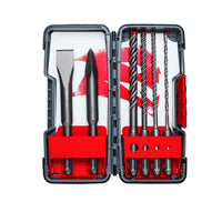 An open case displays the DIABLO DMAPL9930-S6 6-Piece SDS-Plus Rebar Demon™ set, featuring four durable carbide hammer drill bits and two chisels with red holders, against a white background with a bold red graphic pattern.