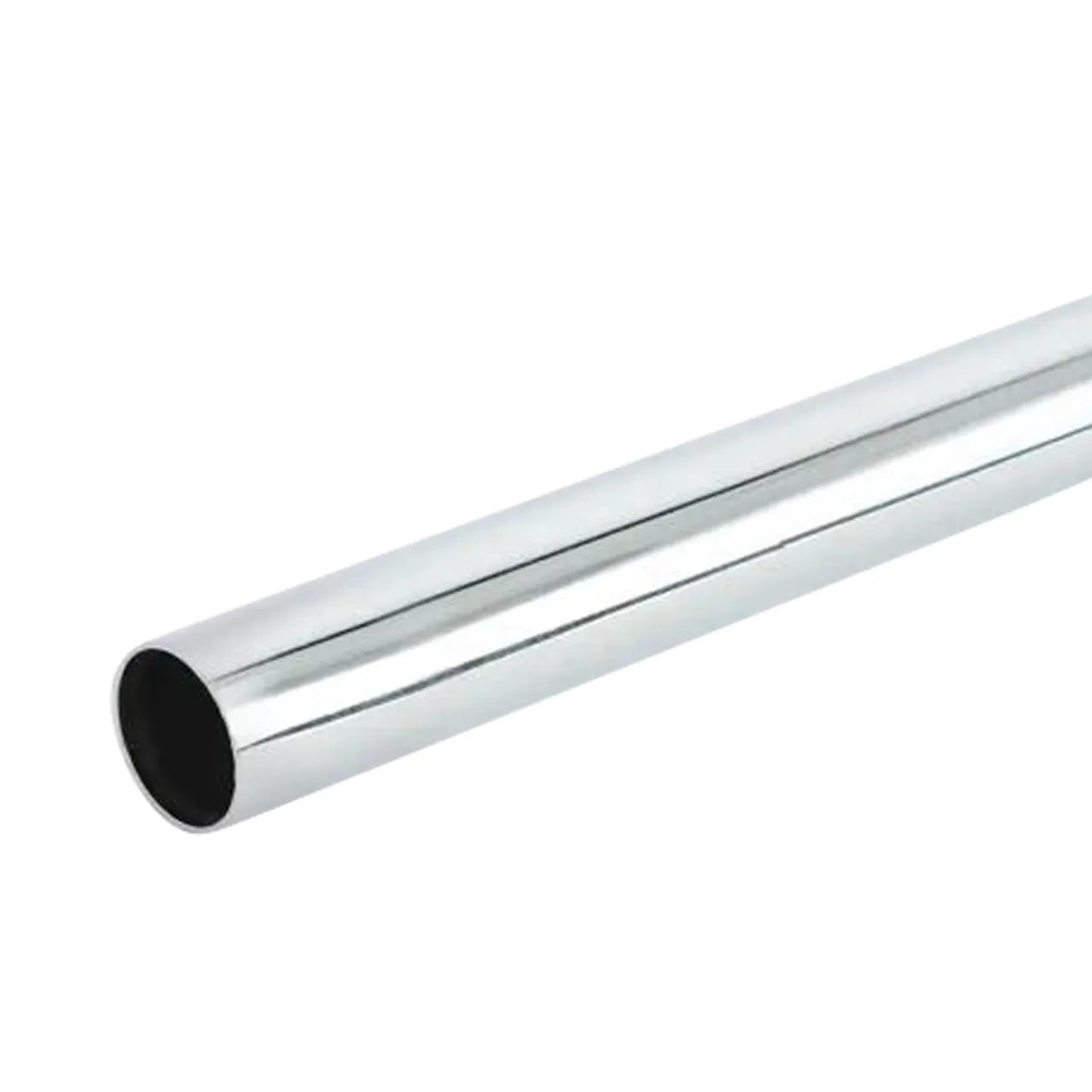 A TUFF STUFF TUF9578 chrome-finished closet pole by Go Build is showcased on a white background. This 96 in. x 1/4 in. stainless steel cylindrical rod is angled diagonally, featuring an open end that highlights its style and durability.