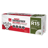 The R15 Thermafiber Fire and Sound Guard 15 in. x 47 in. Mineral Wool Insulation Batt features an illustrated mascot, ideal for wood studs in interior and exterior walls. Offered by Go Build, The Fastest Way To Build, dimensions are clearly listed on its packaging.