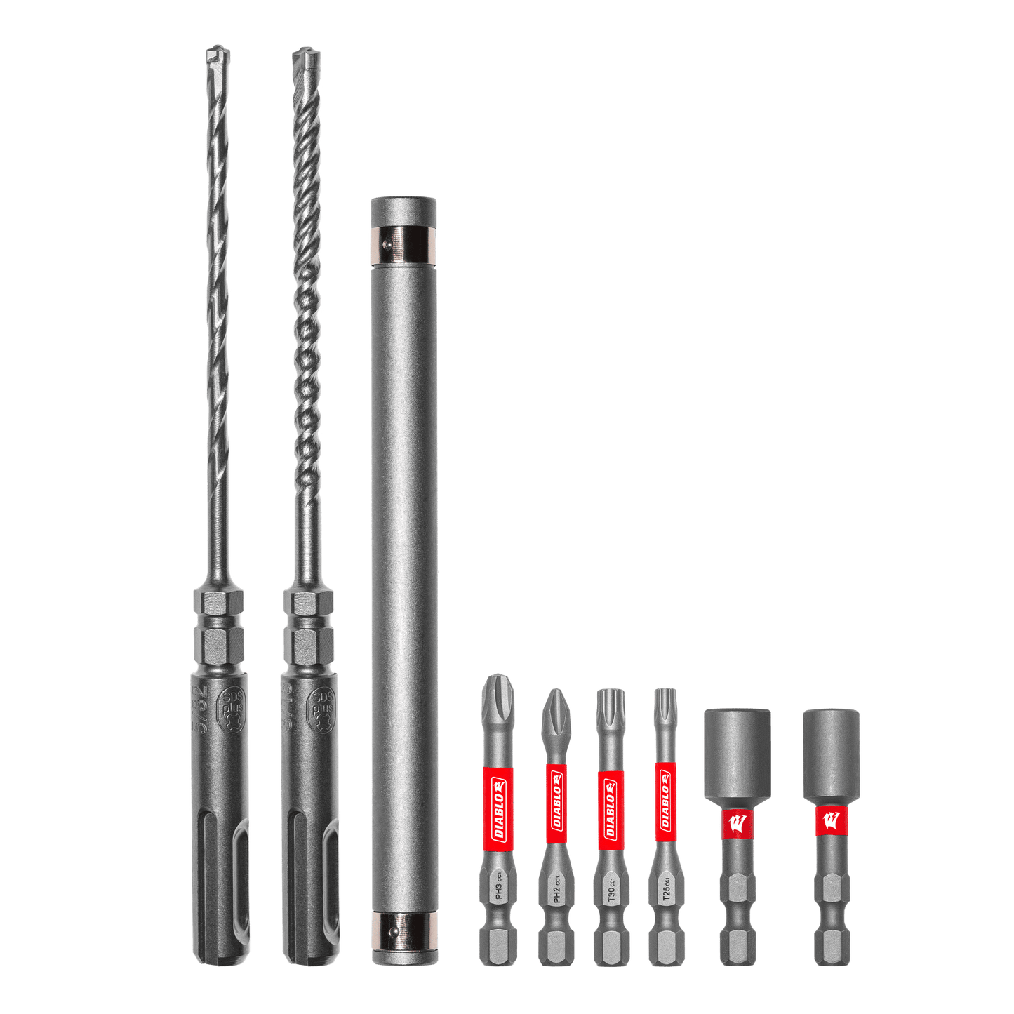 The DIABLO DMAPL9910-S9 9-Piece Concrete Anchor Drive Installation Set by Diablo includes eight metallic pieces: two long carbide hammer drill bits, a cylindrical extension piece, four shorter Philips drive bits with red labels, and two socket bits. All items are evenly arranged.