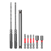 The DIABLO DMAPL9910-S9 9-Piece Concrete Anchor Drive Installation Set by Diablo includes eight metallic pieces: two long carbide hammer drill bits, a cylindrical extension piece, four shorter Philips drive bits with red labels, and two socket bits. All items are evenly arranged.