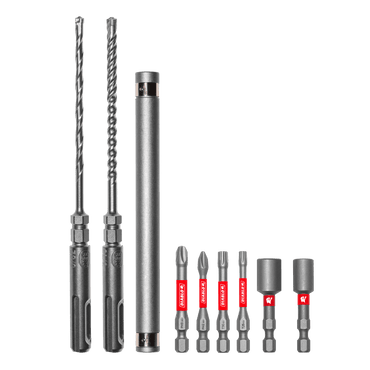 The DIABLO DMAPL9910-S9 9-Piece Concrete Anchor Drive Installation Set by Diablo includes eight metallic pieces: two long carbide hammer drill bits, a cylindrical extension piece, four shorter Philips drive bits with red labels, and two socket bits. All items are evenly arranged.