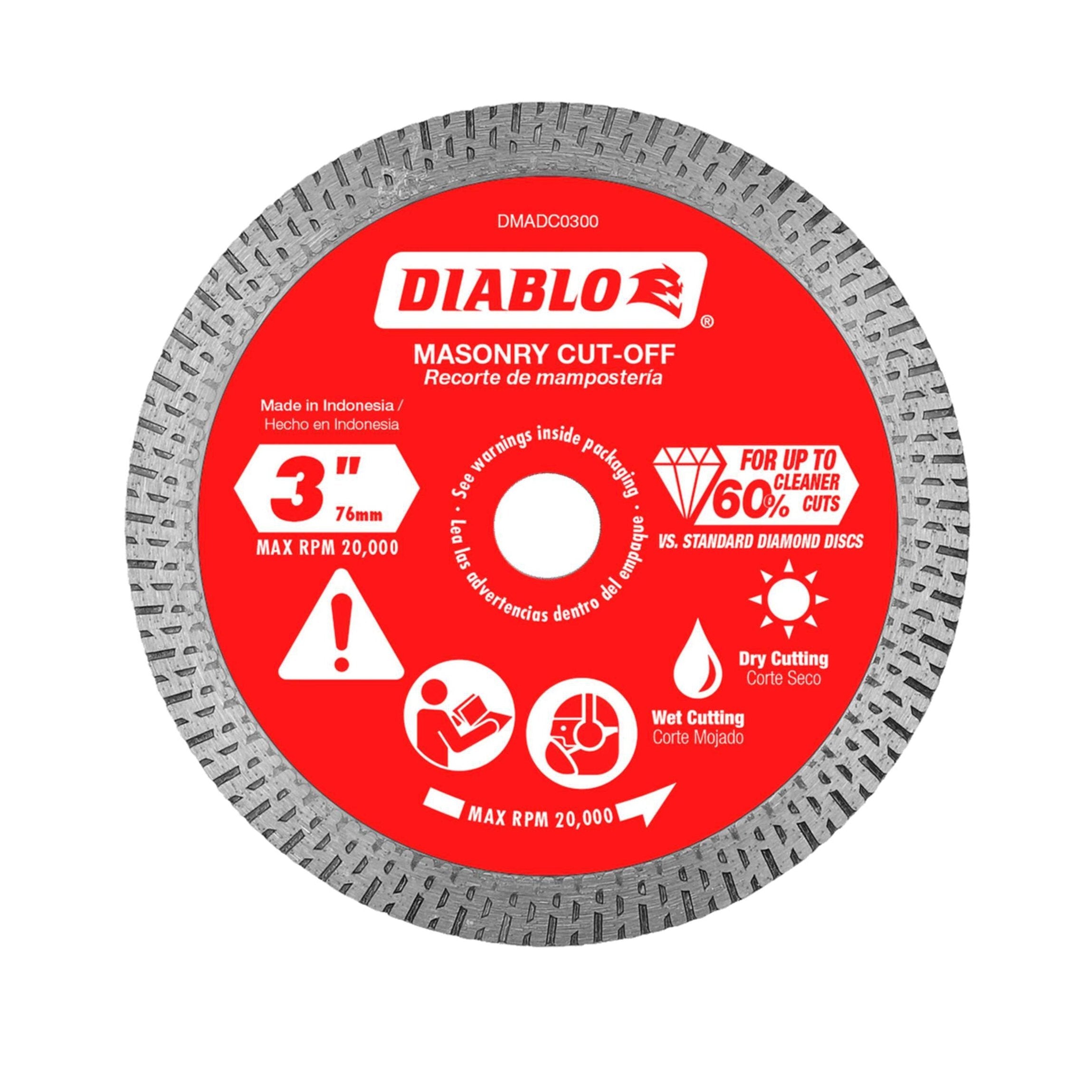 The DIABLO DMADC0300 3 Masonry Cut-Off Disc features a red center with the Diablo logo, supports max RPM 20,000, and is suitable for both dry and wet cutting. It ensures precise cuts, longer life, and a cleaner edge compared to standard diamond continuous rim discs.