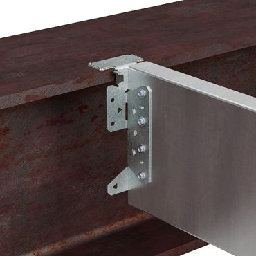 A close-up of a metal beam showcases an attached bracket from the SIMPSON STRONG-TIE S/HJCT-KT Heavy Joist Hangers 5-Pack by Simpson Strong-Tie. Multiple bolts and a rectangular plate are visible. The beam has a rustic texture, while the galvanized joist hanger maintains a shiny, new appearance, illustrating a structural connection.