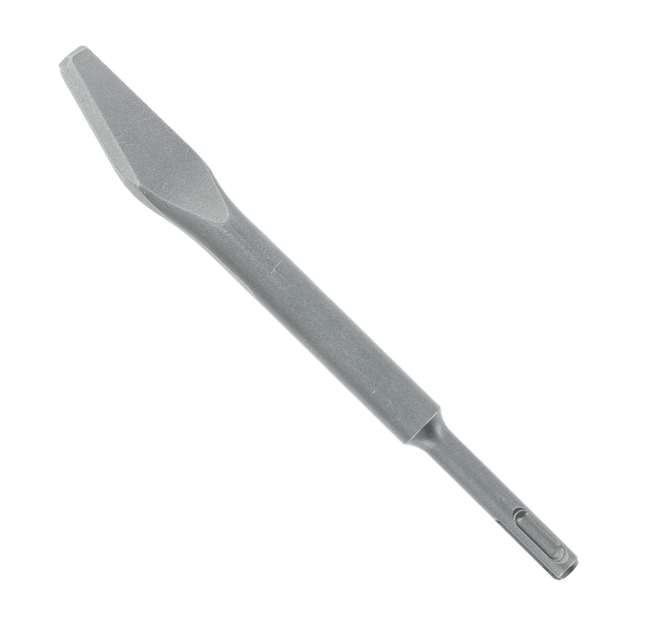 The Diablo DMAPLCH2050 3/8 in. SDS-Plus Mortar Knife features a pointed, flat head and cylindrical handle designed for mortar removal. Ideal for use with rotary hammers, this metal chisel is isolated on a white background.