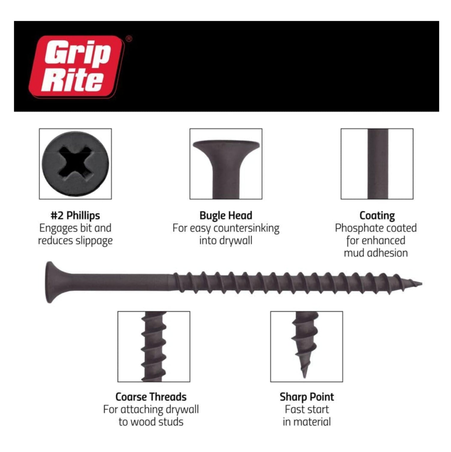 An illustration of Grip-Rite #6 x 2 in. drywall screws displays its #2 Phillips and bugle head with coarse threads. The black phosphate coating boosts durability, while the sharp point ensures easy drywall penetration, highlighting its design for efficient use in drywall applications.