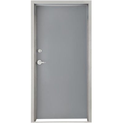 The 30 x 80 Gray Flush Steel Commercial Door and Frame by Go Build, The Fastest Way To Build, offers durability with its minimalistic design. Its plain gray metal surface, simple handle, and lock are complemented by a sturdy metal frame, making it an ideal entryway for any modern space.