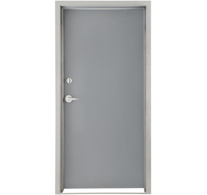 The 30 x 80 Gray Flush Steel Commercial Door and Frame by Go Build, The Fastest Way To Build, offers durability with its minimalistic design. Its plain gray metal surface, simple handle, and lock are complemented by a sturdy metal frame, making it an ideal entryway for any modern space.