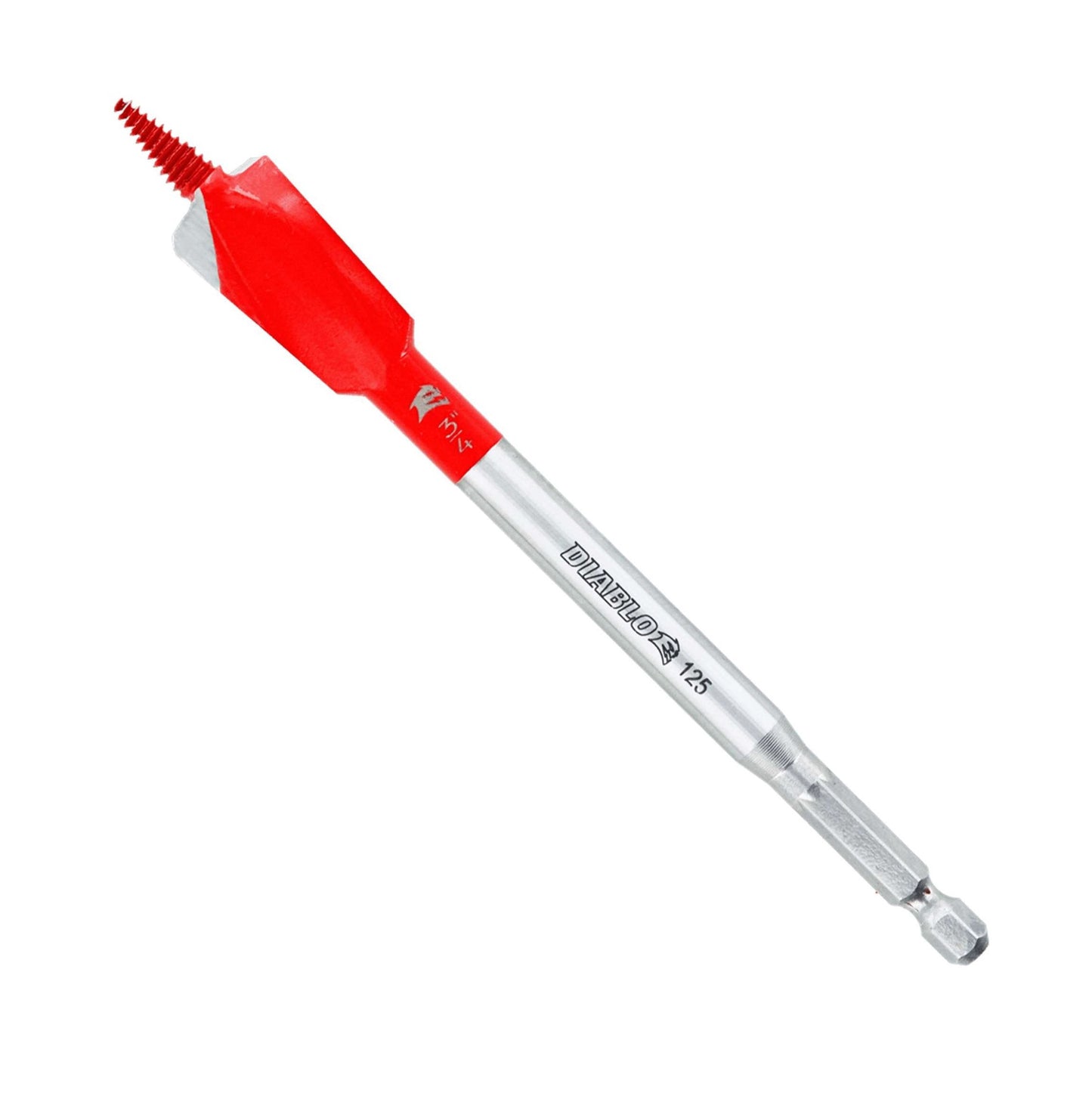 The Diablo DSPD4030 Demo Demon™ Spade Bit, sized at 3/4 in. x 6 in., includes a hexagonal shank for easy attachment. It features a sharp tip designed for nail-embedded wood drilling and has Diablo and the number 125 printed on its side.