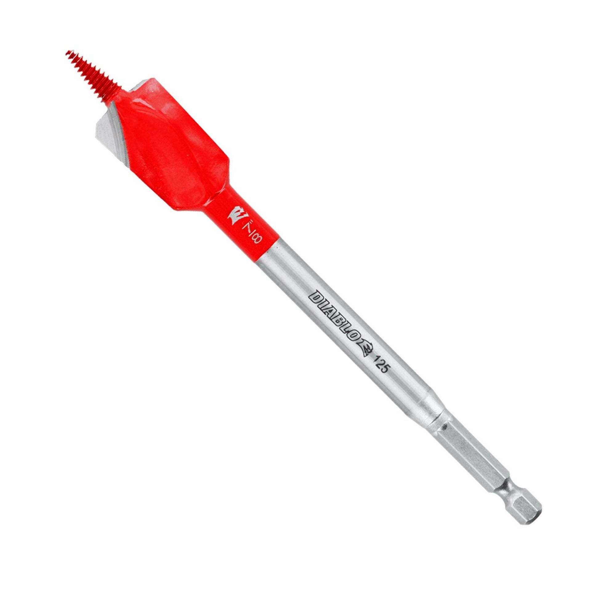 The DIABLO DSPD4040 Demo Demon™ Spade Bit features red and silver coloring, marked N9 and Diablo 1/4, with a pointed tip and helical threads, designed for efficiency in nail-embedded wood, providing Impact Strong™ performance.