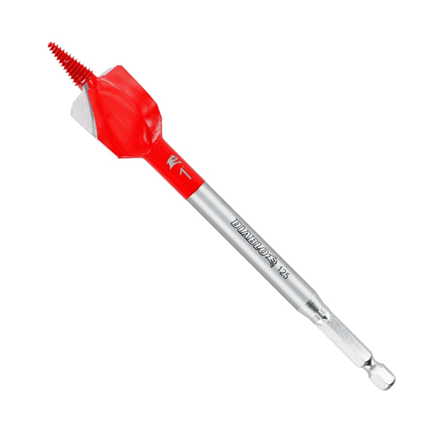 The DIABLO DSPD4050 Demo Demon™ 1 in. x 6 in. spade bit by Diablo features a red and silver Dura-Tip™ designed for drilling wood, even with nails, with a screw-like tip for easy starts and marked Diablo with the size 1/2.